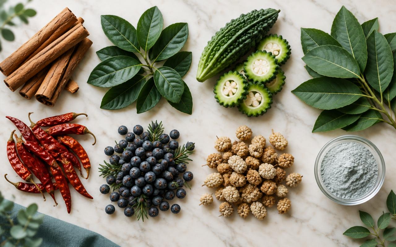 Flat lay of natural botanicals in the GS-85 formula: cinnamon bark, gymnema leaves, bitter melon, cayenne, juniper berries, white mulberries and minerals