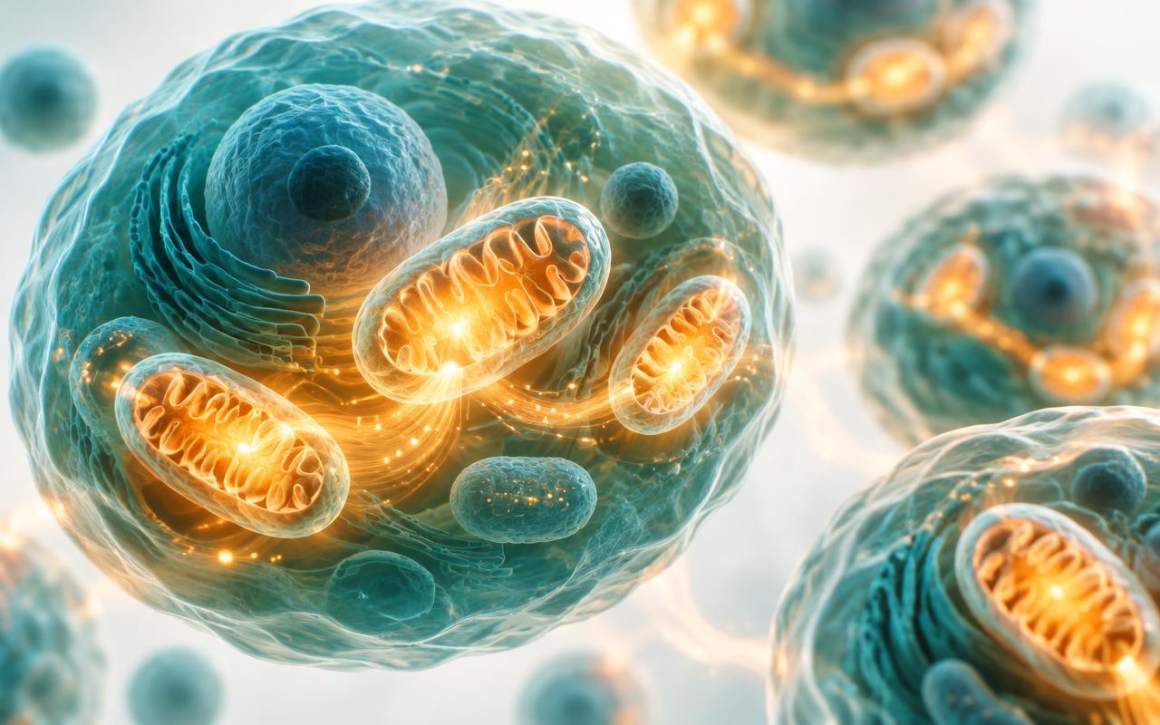 Illustration of glowing mitochondria inside cells, the energy centers GS-85 Select is designed to support